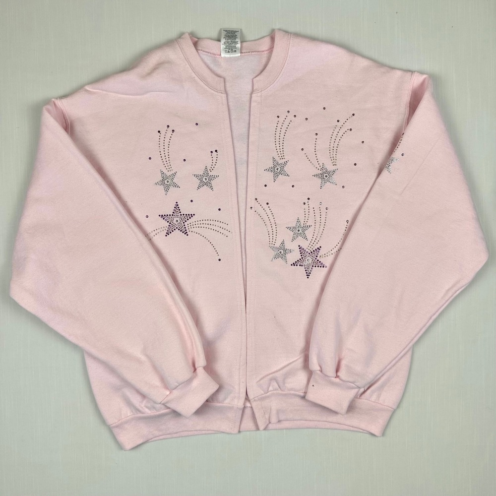 Jerzees NuBlend Pink Celestial Shooting Star Rhinestone Cardigan Sweatshirt L